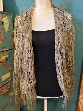 Boho Fringe Open Knit Cardigan - beige/Gray